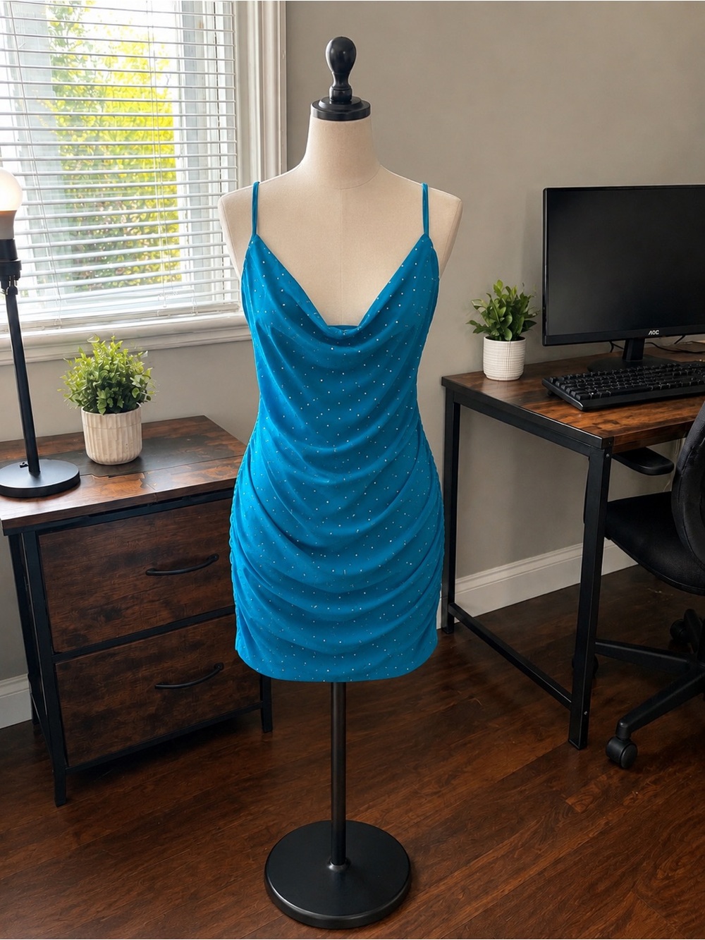 Hello Molly Teal Blue Cowl Neck Mini Dress with Sparkle